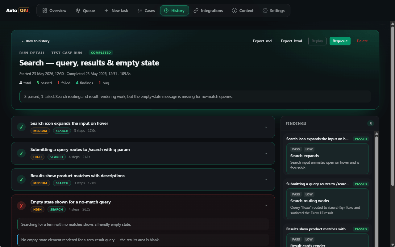 A completed run with test cases and findings