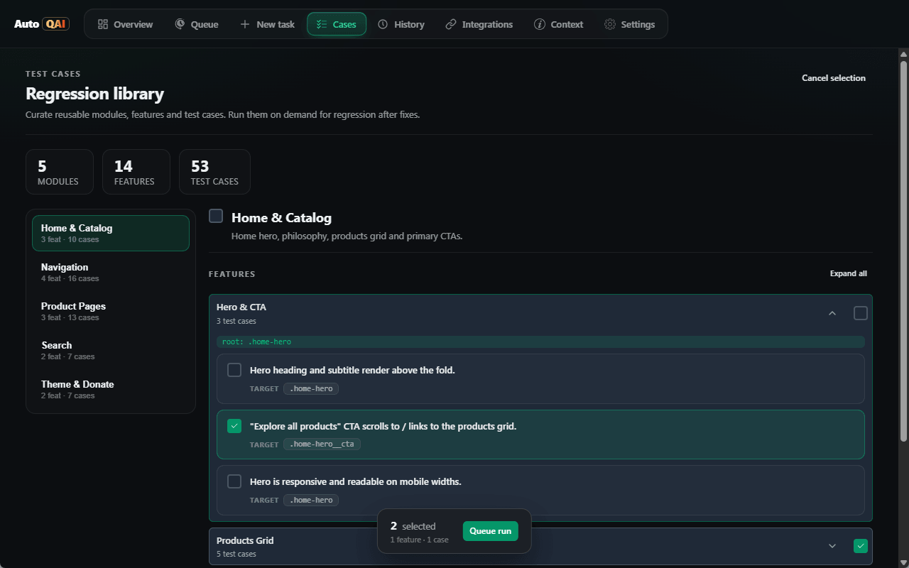 Selecting modules, features, and cases from the regression library