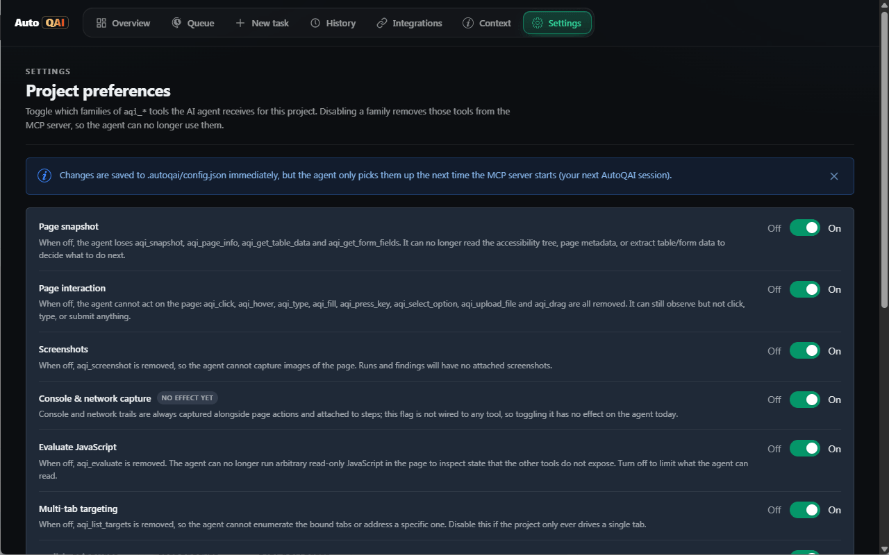 The Settings section of the dashboard
