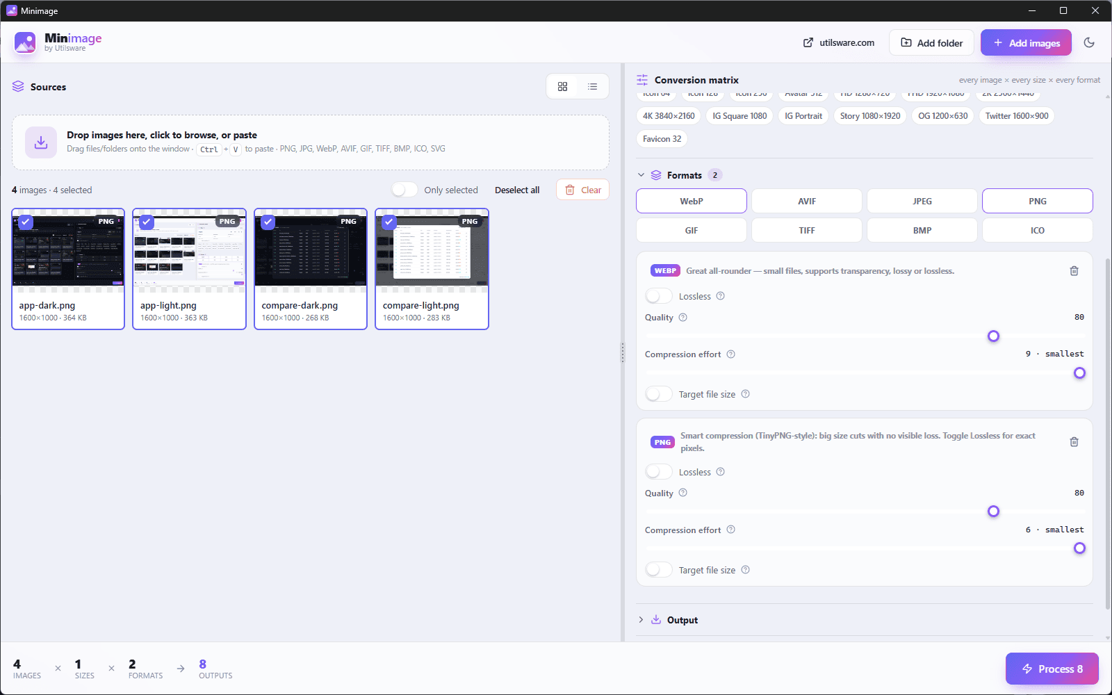 Minimage main window — sources, sizes and formats