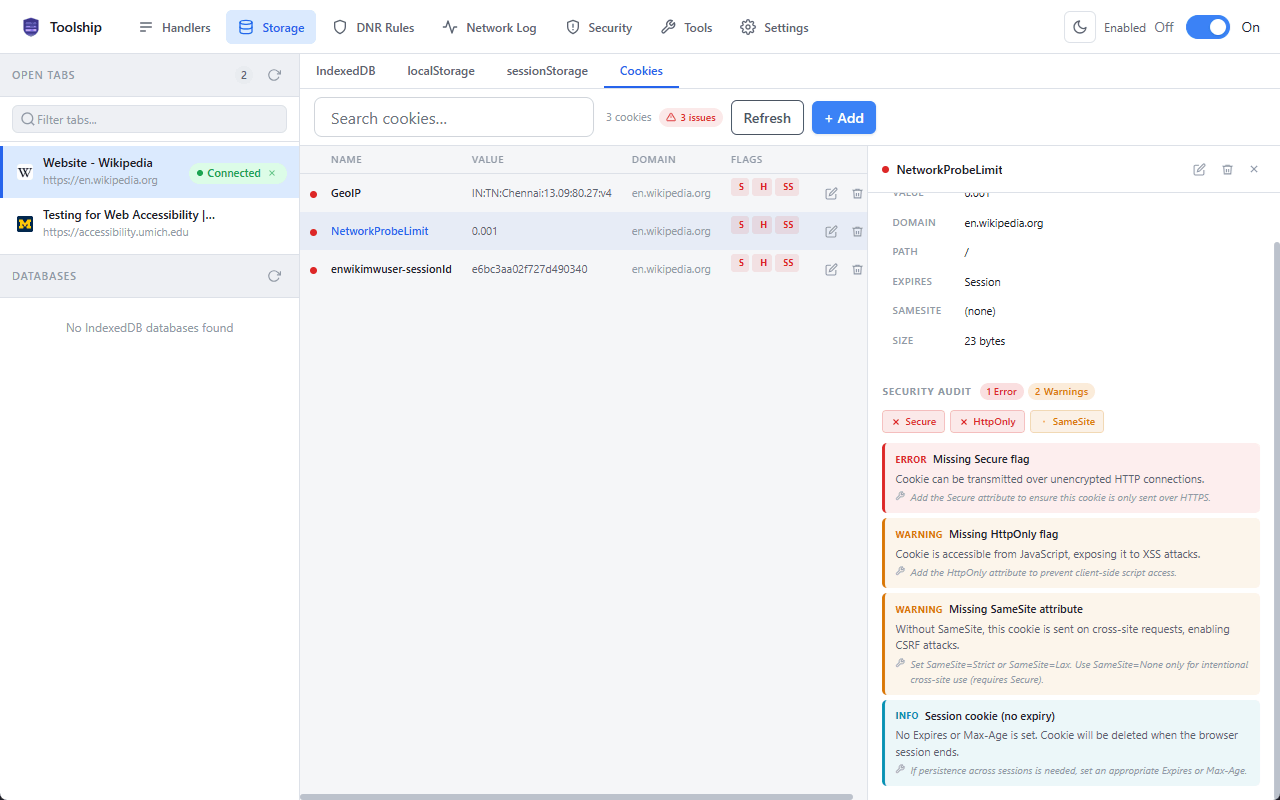 Cookie and storage inspector